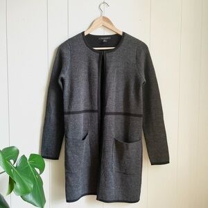 Tahari Merino Wool Blend Open Front Long Line Cardigan Pockets Long Slee…
